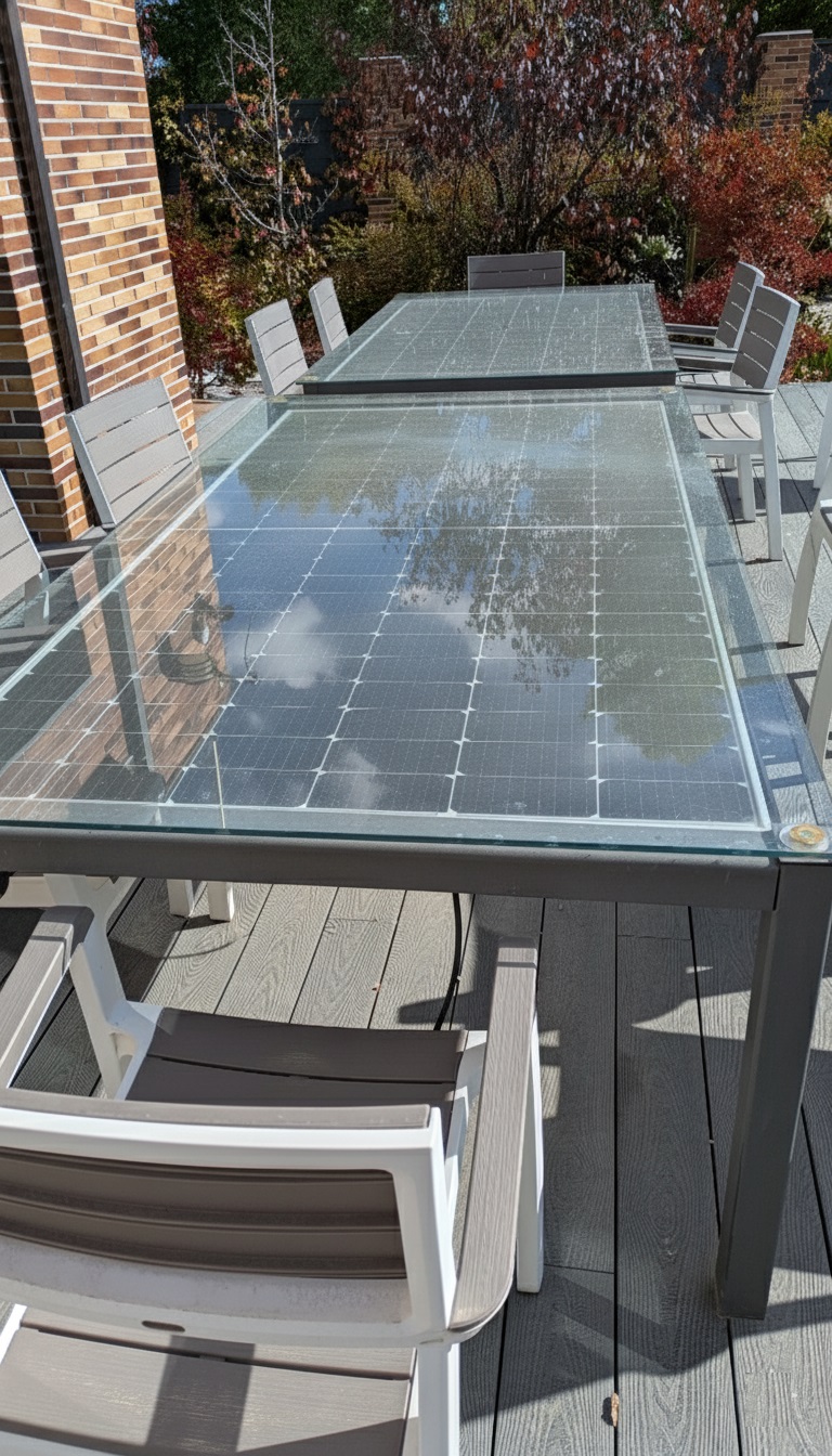 Mesa solar fotovoltaica integrada en mobiliario exterior