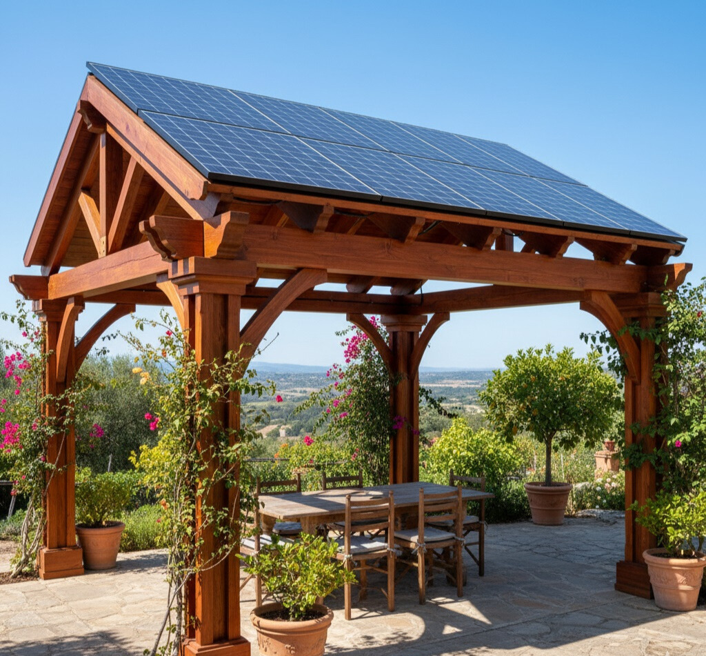 Pérgola solar a medida integrada en porche