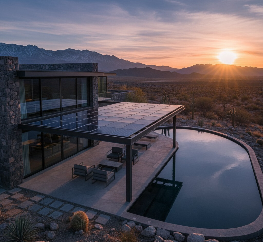 Sombra de pérgola solar sobre zona chill-out